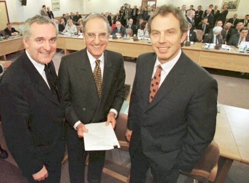 Bertie Ahern, George Mitchell and Tony Blair in Stormont