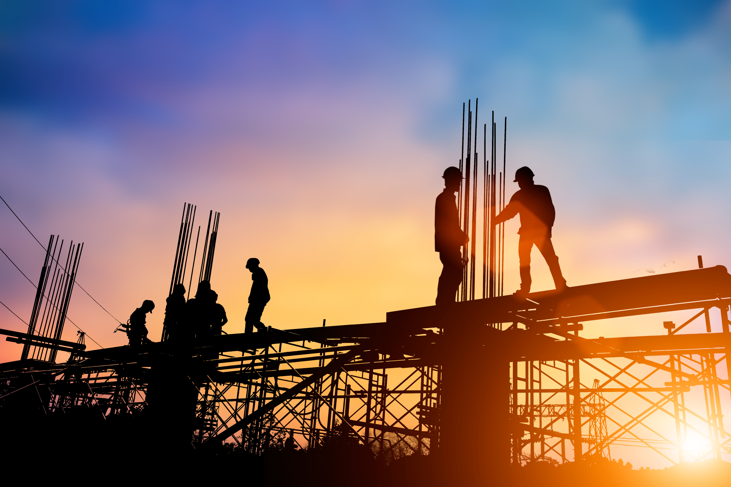 3D Construction site silhouette at sunset